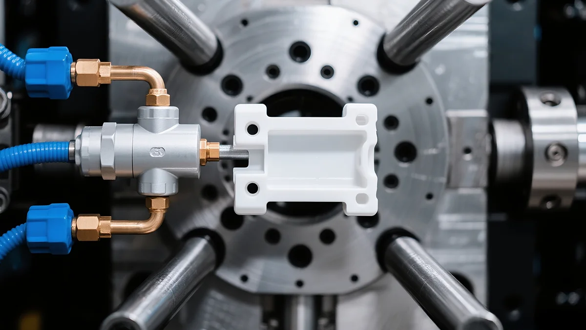 Close-up of gas-assisted injection molding process showing nitrogen gas injected into plastic mold cavity.