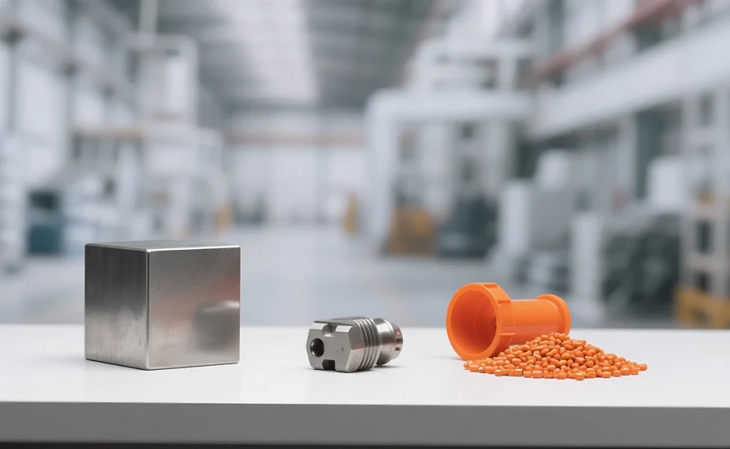 Metal and plastic parts manufacturing process in CNC machining and injection molding workshop