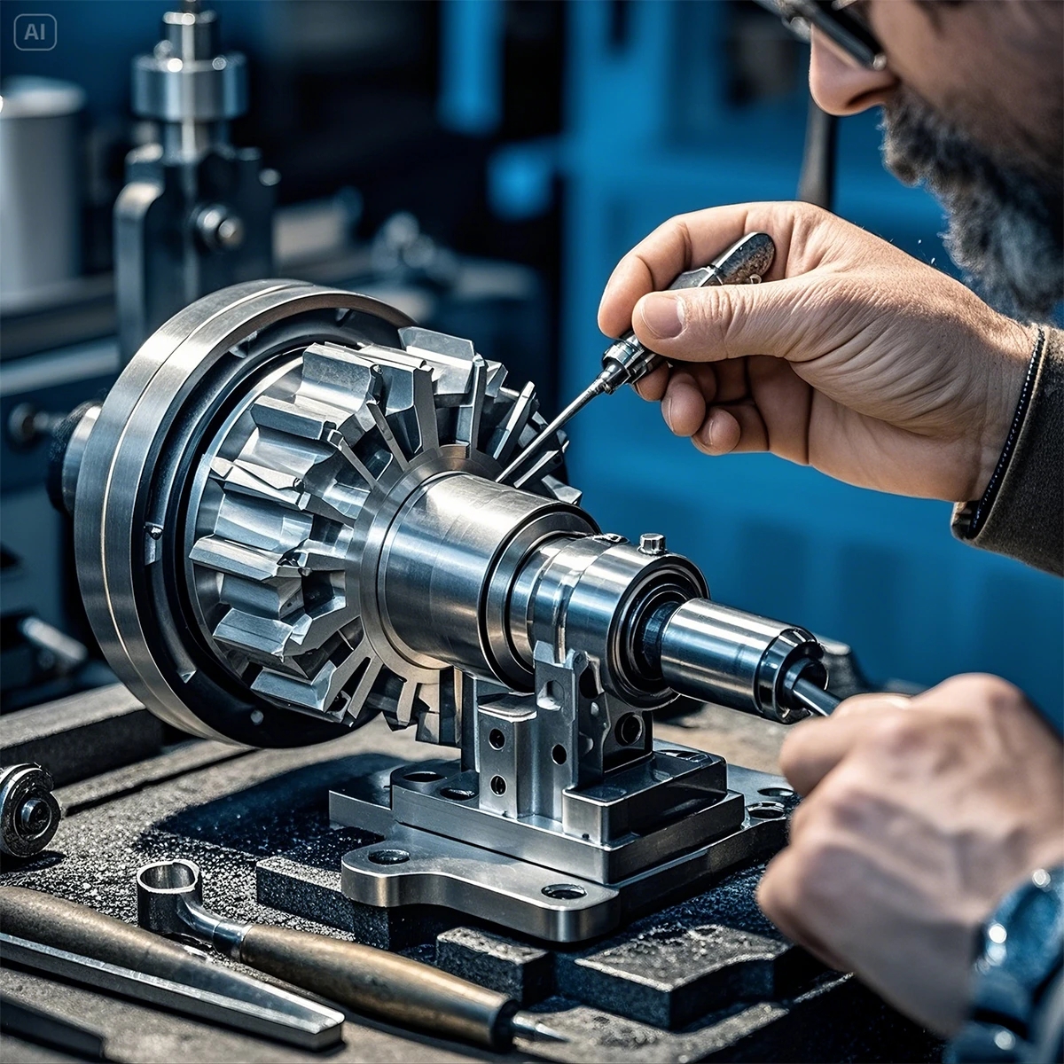 Professional engineer testing a custom metal prototype with CNC machine in advanced manufacturing lab